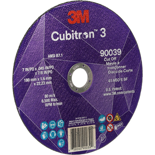 Cubitron 3 Cut-Off Wheel, 7" x 0.09", 7/8" Arbor, Type T27, Ceramic, 8500 RPM Meunier Outillage Industriel
