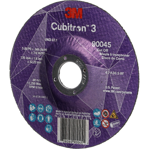 Meule &agrave; tronçonner Cubitron 3, 5" x 0,045", Arbre de 7/8", Type T27, C&eacute;ramique, 12250 Tr/min Meunier Outillage Industriel
