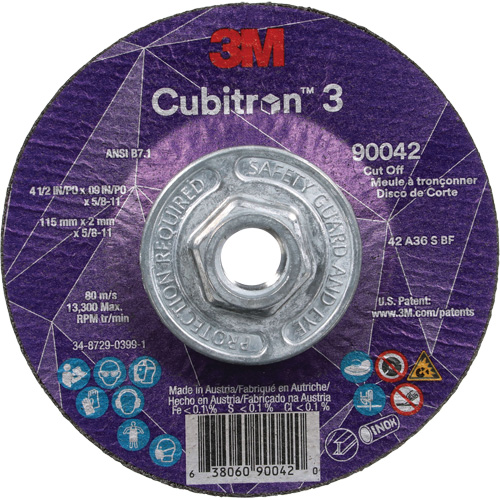 Meule &agrave; tronçonner Cubitron 3, 4-1/2" x 0,09", Arbre de 5/8"-11, Type T27, C&eacute;ramique, 13 300 Tr/min Meunier Outillage Industriel