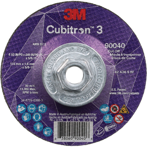 Cubitron 3 Cut-Off Wheel, 4-1/2" x 0.045", 5/8"-11 Arbor, Type T27, Ceramic, 13300 RPM Meunier Outillage Industriel