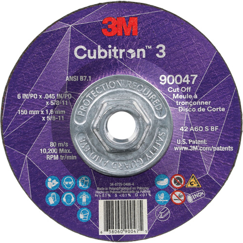 Cubitron 3 Cut-Off Wheel, 6" x 0.045", 5/8"-11 Arbor, Type T27, Ceramic, 10200 RPM Meunier Outillage Industriel