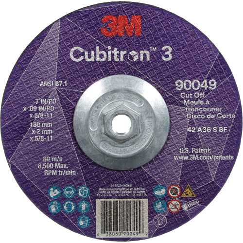 Meule &agrave; tronçonner Cubitron 3, 7" x 0,09", Arbre de 5/8"-11, Type T27, C&eacute;ramique, 8500 Tr/min Meunier Outillage Industriel