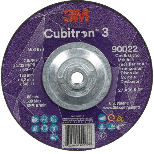 Cubitron 3 Cut and Grind Wheel, 7" x 5/32", 5/8"-11 Arbor, Type 27, 36 Grit, Ceramic Meunier Outillage Industriel