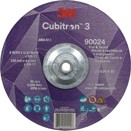 Cubitron 3 Cut and Grind Wheel, 9" x 5/32", 5/8"-11 Arbor, Type 27, 36 Grit, Ceramic Meunier Outillage Industriel