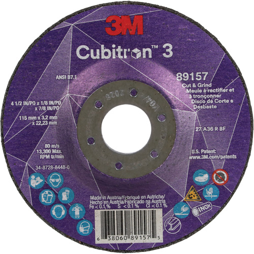 Cubitron 3 Cut and Grind Wheel, 4-1/2" x 1/8", 7/8" Arbor, Type 27, 36 Grit, Ceramic Meunier Outillage Industriel