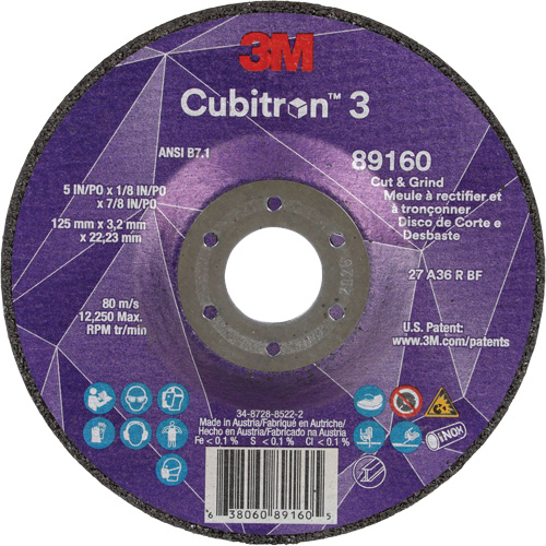 Cubitron 3 Cut and Grind Wheel, 5" x 1/8", 7/8" Arbor, Type 27, 36 Grit, Ceramic Meunier Outillage Industriel