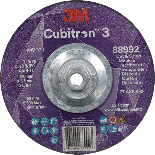 Cubitron 3 Cut and Grind Wheel, 7" x 1/8", 5/8"-11 Arbor, Type 27, 36 Grit, Ceramic Meunier Outillage Industriel