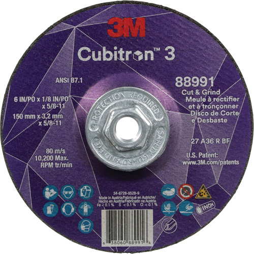 Cubitron 3 Cut and Grind Wheel, 6" x 1/8", 5/8"-11 Arbor, Type 27, 36 Grit, Ceramic Meunier Outillage Industriel