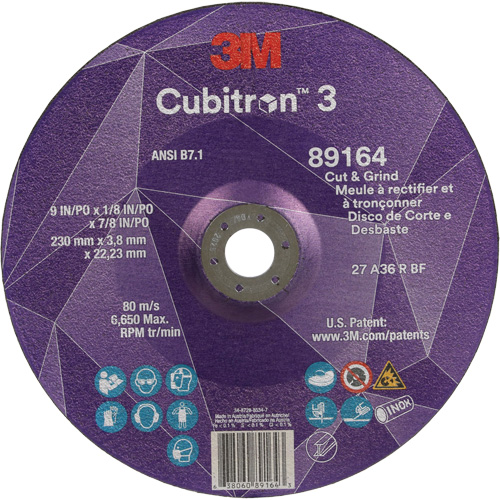 Cubitron 3 Cut and Grind Wheel, 9" x 1/8", 7/8" Arbor, Type 27, 36 Grit, Ceramic Meunier Outillage Industriel