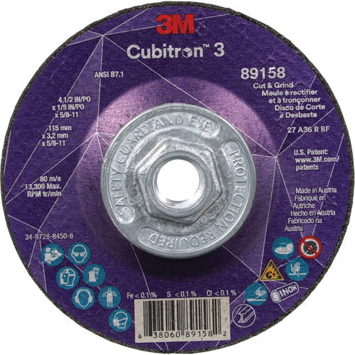 Cubitron 3 Cut and Grind Wheel, 4-1/2" x 1/8", 5/8"-11 Arbor, Type 27, 36 Grit, Ceramic Meunier Outillage Industriel