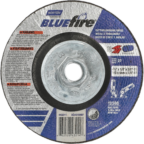 Disque de meulage et tronçonnage BlueFire, 4-1/2" x 1/8", Arbre de 5/8"-11, Type 27, Alumine de zirconium Meunier Outillage Industriel