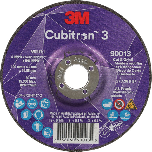 Meule &agrave; tronçonner Cubitron 3, 4" x 39/250", Arbre de 5/8", Type 27, Grain de 36, C&eacute;ramique Meunier Outillage Industriel