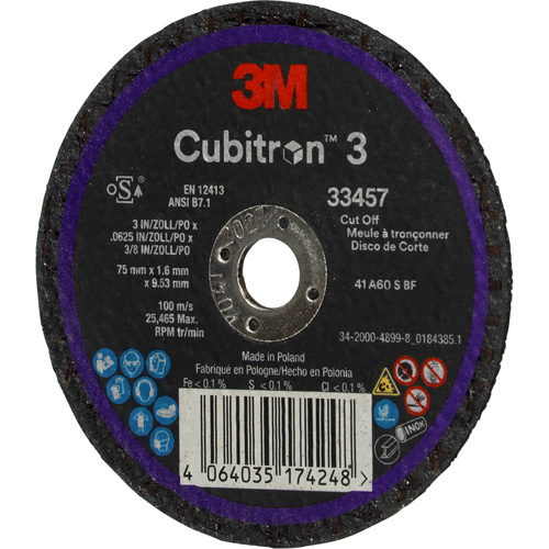 Cubitron 3 Cut-Off Wheel, 3" x 0.063", 3/8" Arbor, Ceramic Meunier Outillage Industriel