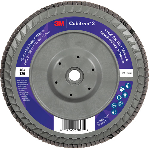 Cubitron 3 Conical  Flap Disc with Quick Change 1169F, 7" x 5/8"-11, Type T29, 40+ Grit, Ceramic Meunier Outillage Industriel