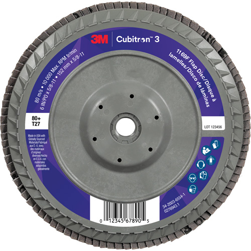 Cubitron 3 Flat Flap Disc with Quick Change 1169F, 6" x 5/8"-11, Type T27, 80+ Grit, Ceramic Meunier Outillage Industriel