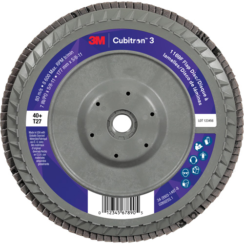 Cubitron 3 Flat Flap Disc with Quick Change 1169F, 7" x 5/8"-11, Type T27, 40+ Grit, Ceramic Meunier Outillage Industriel