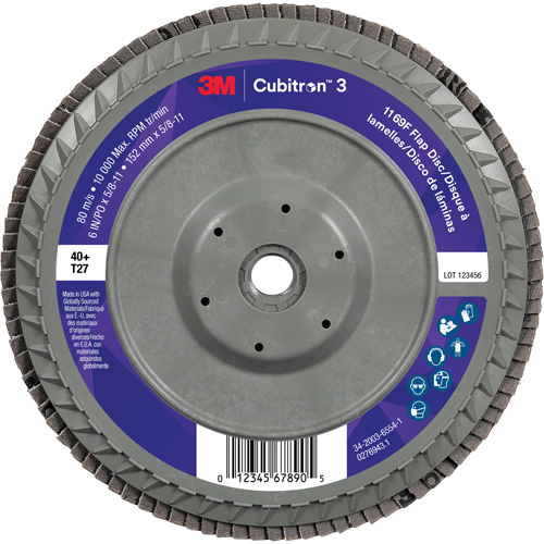 Cubitron 3 Flat Flap Disc with Quick Change 1169F, 6" x 5/8"-11, Type T27, 40+ Grit, Ceramic Meunier Outillage Industriel