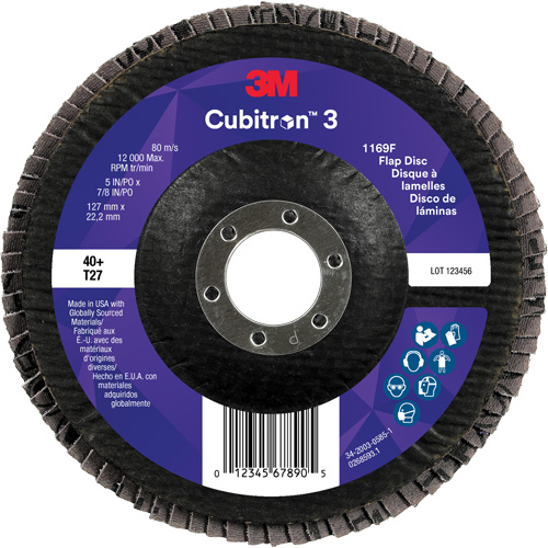 Cubitron 3 Flat Flap Disc 1169F, 5" x 7/8", Type T27, 40+ Grit, Ceramic Meunier Outillage Industriel