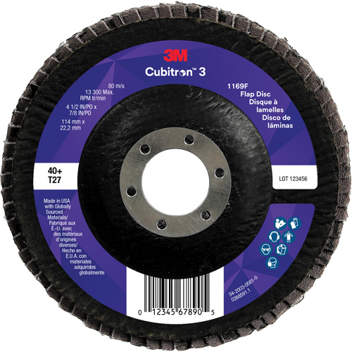 Cubitron 3 Flat Flap Disc 1169F, 4-1/2" x 7/8", Type T27, 40+ Grit, Ceramic Meunier Outillage Industriel