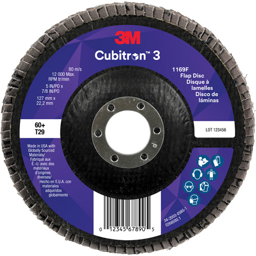 Cubitron 3 Conical  Flap Disc 1169F, 5" x 7/8", Type T29, 60+ Grit, Ceramic Meunier Outillage Industriel