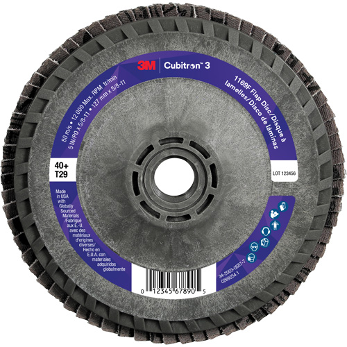 Cubitron 3 Conical  Flap Disc with Quick Change 1169F, 5" x 5/8"-11, Type T29, 40+ Grit, Ceramic Meunier Outillage Industriel