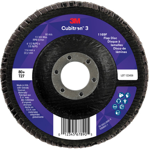 Cubitron 3 Flat Flap Disc 1169F, 4-1/2" x 7/8", Type T27, 80+ Grit, Ceramic Meunier Outillage Industriel