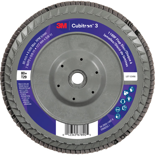 Cubitron 3 Conical  Flap Disc with Quick Change 1169F, 7" x 5/8"-11, Type T29, 80+ Grit, Ceramic Meunier Outillage Industriel