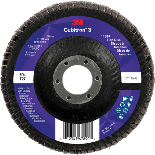 Cubitron 3 Flat Flap Disc 1169F, 4-1/2" x 7/8", Type T27, 60+ Grit, Ceramic Meunier Outillage Industriel