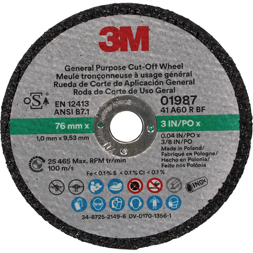General Purpose Cut-Off Wheel, 01987, 3" x 0.04"/1/32", 3/8" Arbor, Aluminum Oxide Meunier Outillage Industriel