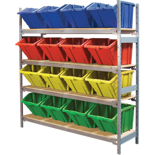Wide Span Shelving with Jumbo Plastic Bins, Steel, Boltless, 800 lbs. Capacity, 66" W x 72" H x 18" D Meunier Outillage Industriel