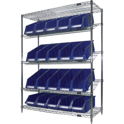Slanted Wire Shelf with Bins, 5 Tiers, 48" W x 63" H x 18" D Meunier Outillage Industriel