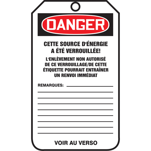 &eacute;tiquettes de verrouillage, Plastique, 3-3/8" la x 5-7/8" h, Français Meunier Outillage Industriel