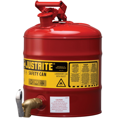 Bidon avec robinet s&eacute;curitaires pour laboratoires, Type I, Acier, 5 gal. US, Rouge, Homologu&eacute; FM Meunier Outillage Industriel