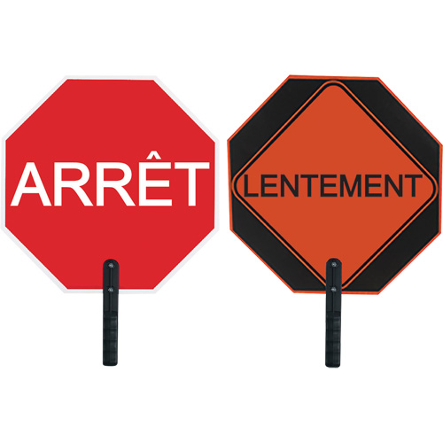 Double-Sided "Arr&ecirc;t/Lentement" Traffic Control Sign, 18" x 18", Aluminum, French with Pictogram Meunier Outillage Industriel