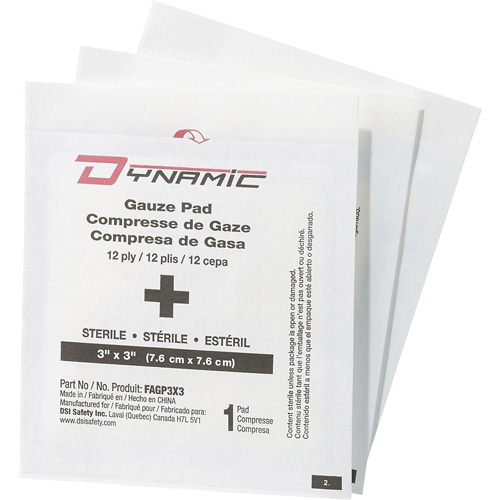 Gaze Dynamic, Tampon, 3" lo x 3" la, St&eacute;rile, Dispositif m&eacute;dical Classe 1 Meunier Outillage Industriel