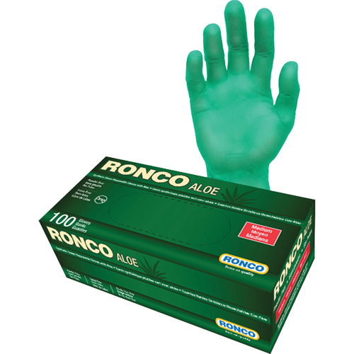 Gants jetables avec alo&egrave;s, Moyen, Vinyle, 5 mils, Sans poudre, Vert Meunier Outillage Industriel