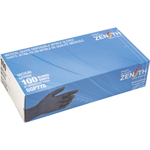 Gants jetables de calibre m&eacute;dical r&eacute;sistants &agrave; la perforation, Moyen, Nitrile, 5 mils, Sans poudre, Noir, Classe 2 Meunier Outillage Industriel