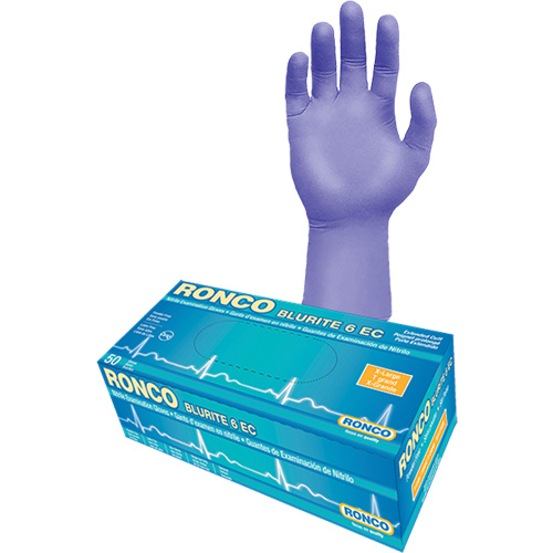 Gants d'examen &agrave; manchette allong&eacute;e Blurite 6 EC, Petit, Nitrile, 6 mils, Sans poudre, Mauve, Classe 2 Meunier Outillage Industriel