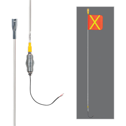 Tiges de s&eacute;curit&eacute; tout-temps de s&eacute;rie lourde avec lumi&egrave;re DEL constante Safety Whip, Fixation Ressort, Hauteur 12', Orange avec X r&eacute;fl&eacute;chissant Meunier Outillage Industriel