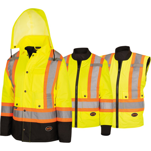 5021BBW Manteau 7 en 1 imperm&eacute;able pour femmes avec capuchon, Polyester/Polyur&eacute;thane, Jaune lime haute visibilit&eacute;, T-petit Meunier Outillage Industriel