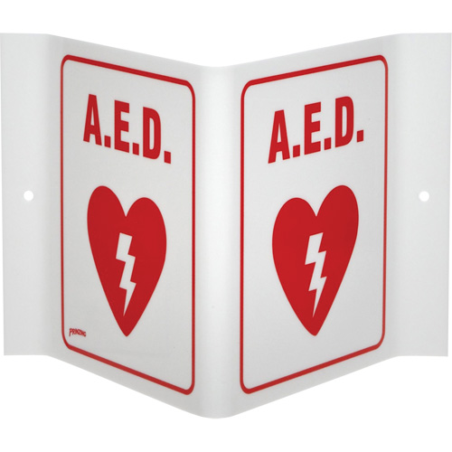 Enseigne "A.E.D." en V, 6" x 9", Acrylique, Anglais avec pictogramme Meunier Outillage Industriel
