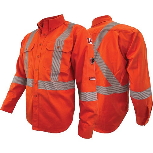 Chandail de travail &agrave; manches longues ignifuge et r&eacute;sistant &agrave; l'arc &eacute;lectrique avec bandes de 2" Atlas Guardian, T-petit, Orange haute visibilit&eacute; Meunier Outillage Industriel