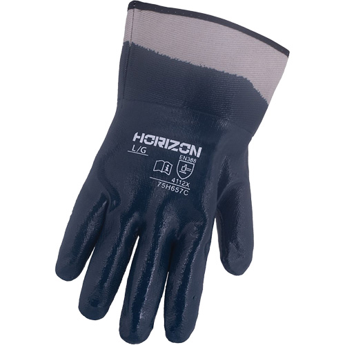 Gants bleu marine avec manchettes renforc&eacute;es &agrave; entoilage coll&eacute; Horizon, Moyen, R&ecirc;vetement Nitrile, Enveloppe en Jersey/Coton Meunier Outillage Industriel