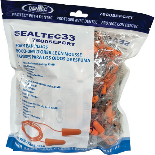 SEALTEC33 Orange Tapered PU Foam Disposable Earplugs, Bulk - Polybag, Corded Meunier Outillage Industriel
