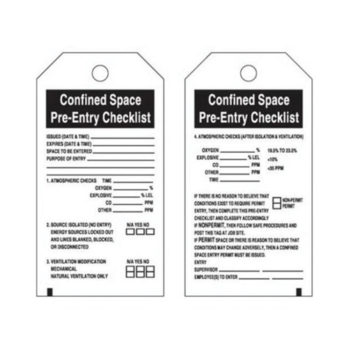 "Confined Space" Tags, Polyester, 3" W x 5-3/4" H, English Meunier Outillage Industriel