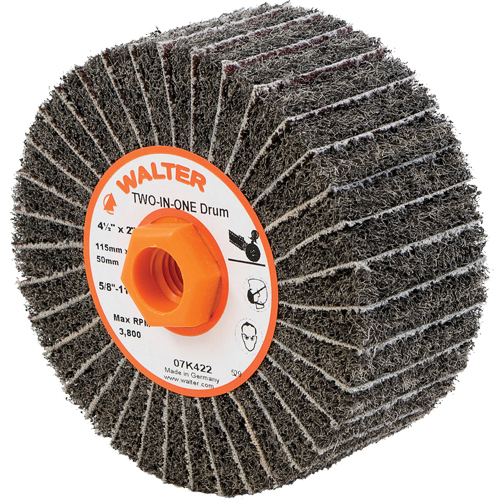 Tambours de finition Two-In-One, 4-1/2" dia. x 2" la, Arbre 5/8"-11, Oxyde d'aluminium Meunier Outillage Industriel