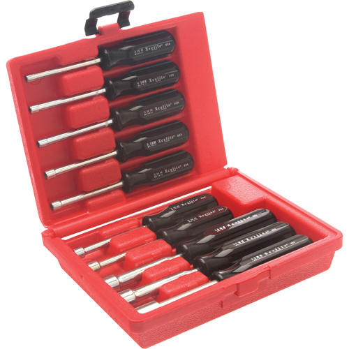 Jeu de tourne-&eacute;crous &agrave; mandrin perc&eacute; avec mallette en plastique rouge, 10 mcx, M&eacute;trique Meunier Outillage Industriel