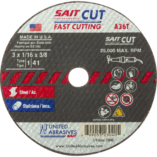 Cut-Off Wheel (A36T), 13" x 1/16", 3/8" Arbor, Type 27, Aluminum Oxide, 25000 RPM Meunier Outillage Industriel