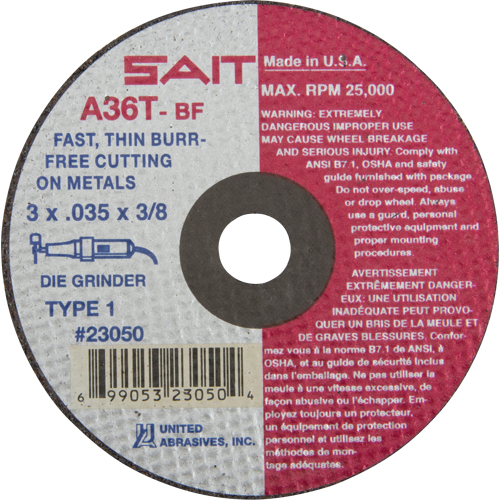 Cut-Off Wheel (A36T), 3" x 0.035", 3/8" Arbor, Type 27, Aluminum Oxide, 25000 RPM Meunier Outillage Industriel