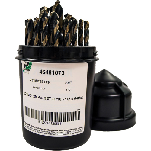 Foret pour m&eacute;canicien s&eacute;rie courte 135° - 1/16" &agrave; 1/2" par 1/64", 29 morceaux, Acier rapide Meunier Outillage Industriel